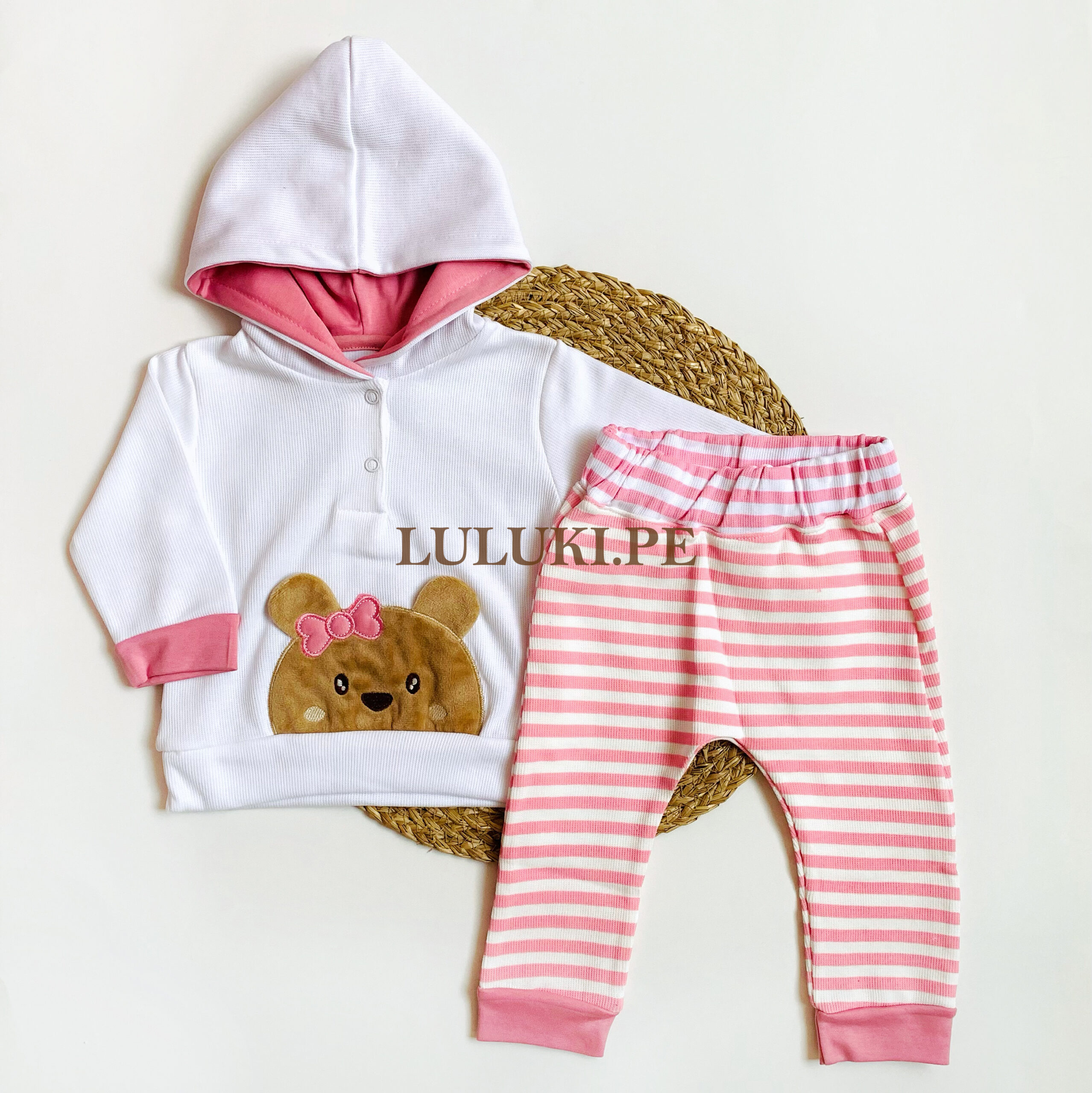 Conjunto capucha punto inglés "osita" - rosado